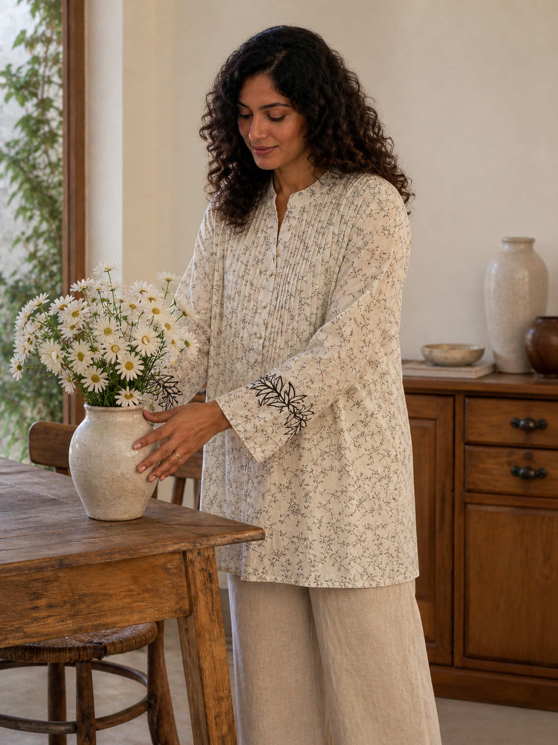 Pintuck Linen Applique Top